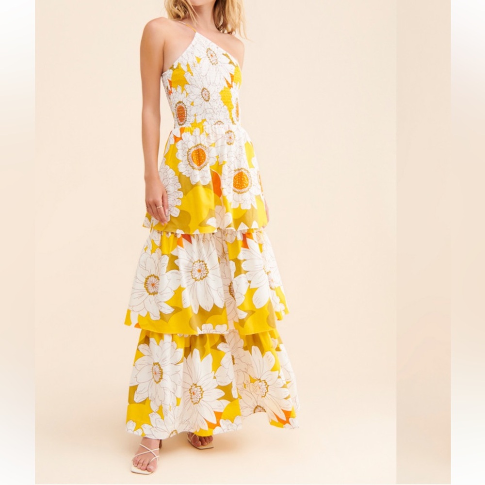 S/W/F one shoulder layered Tiered Floral Maxi Dress in Mustard Yellow & White XS